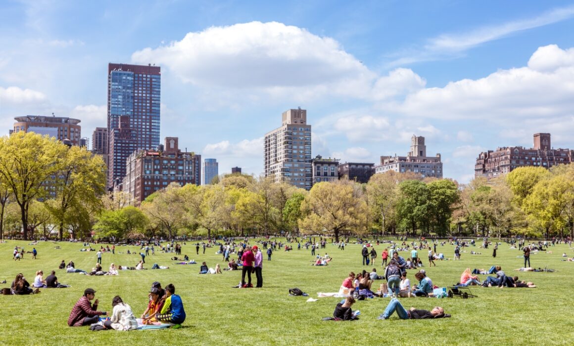 Central Park in spring with people, New York, USA