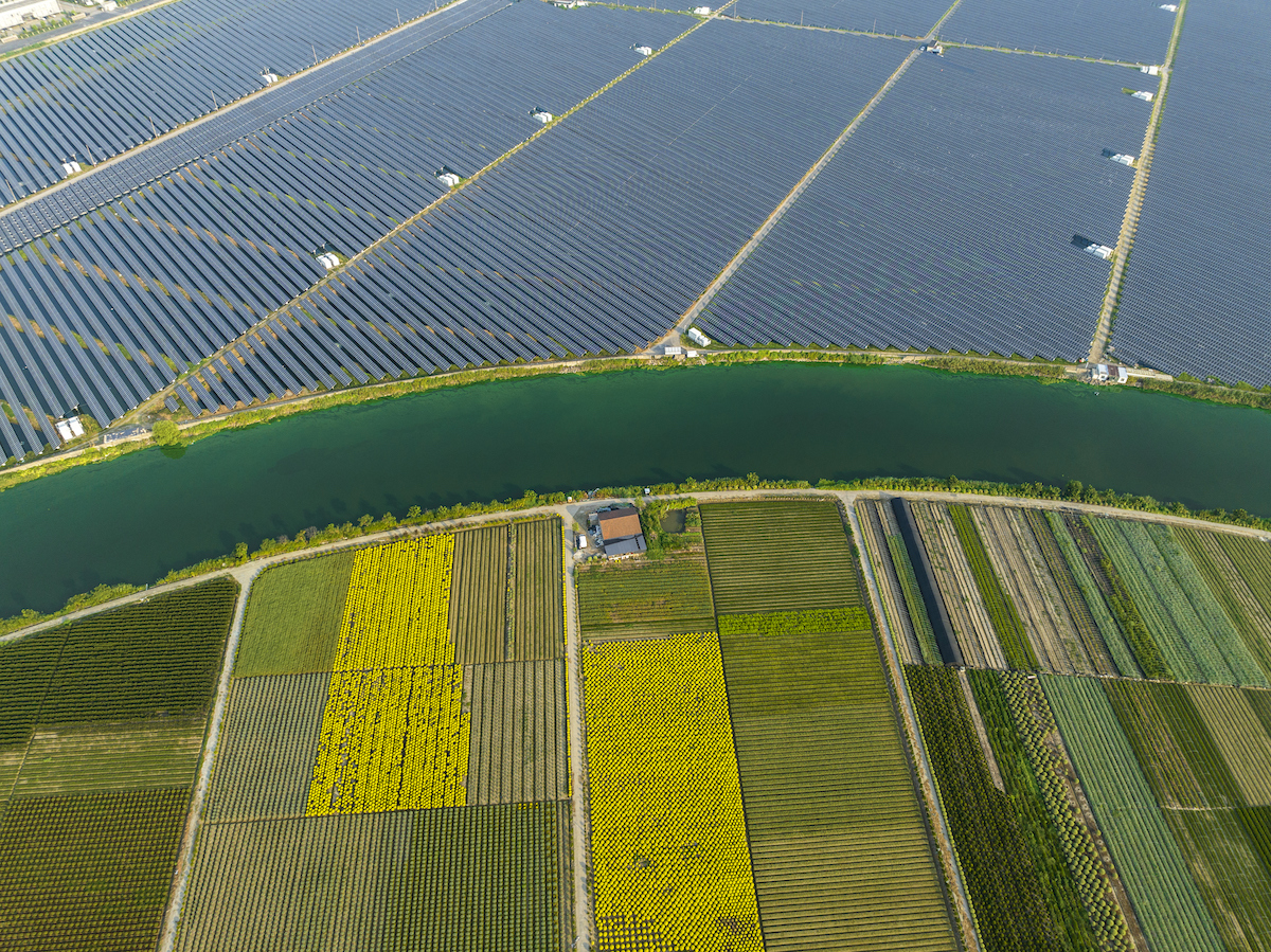 High angle view of Solar panels , agricultural landscape