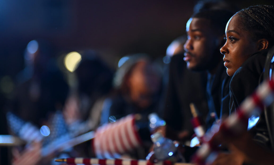 Image caption/source: Supporters watch results come in during an election night watch party for Kamala Harris at Howard University on November 5, 2024, in Washington, DC. (Brandon Bell/Getty Images)