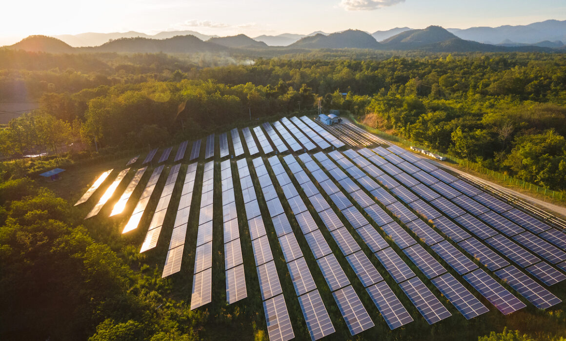 Aerial view of solar power station and solar energy panels