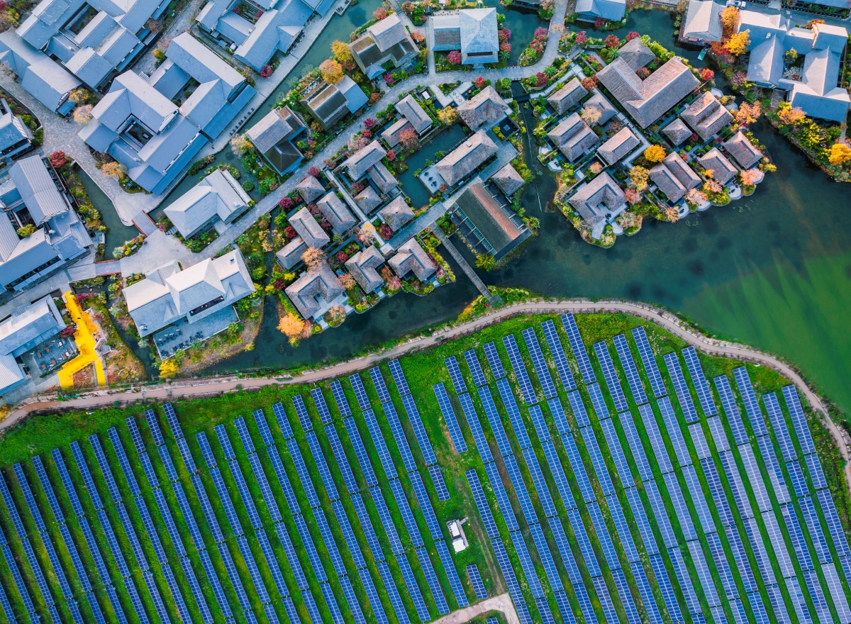 Solar power station with modern city buildings